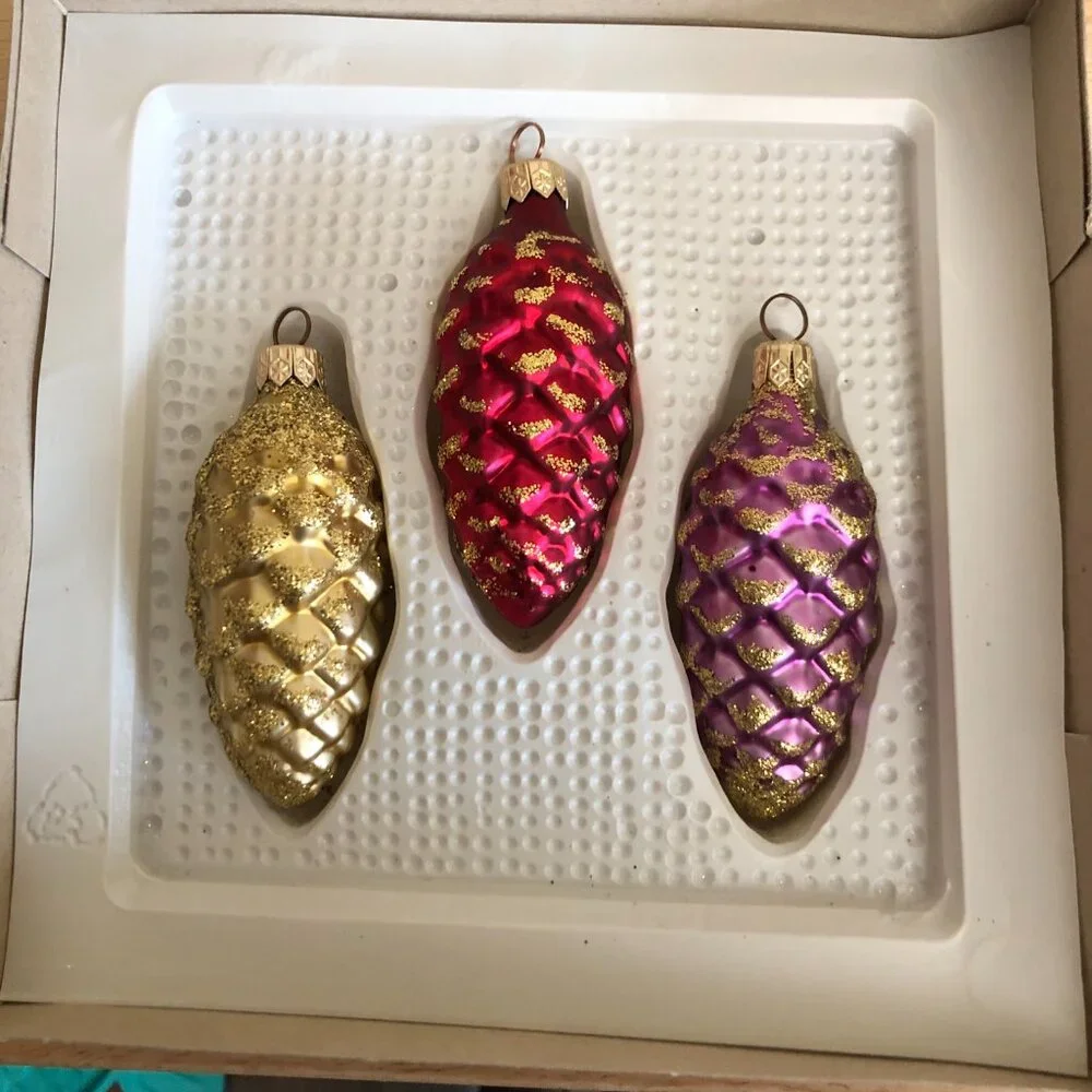 Christmas Glass Glitter Pinecone Ornaments Set of 7 Sears Roebuck Co. 1980